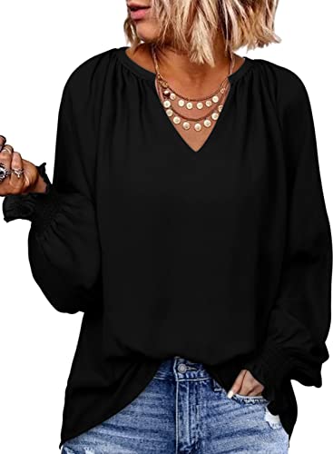 Dokotoo Women's Smocked Long Sleeve V-Neck Chiffon Tunic Top - Casual Plus Size Stylish Business Blouse (Black, L)