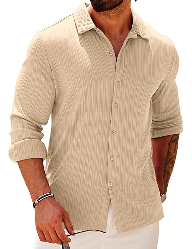 COOFANDY Men's Athletic Fit Dress Shirts for Men Ribbed Knit Fall Fashion Textured Button Up Shirts Slim Fit Wrinkle-Free Untucked Shirt Light Khaki Beige Large