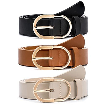 VONMELLI 3 Pack Women's Leather Belts for Jeans Pants Fashion Gold Buckle Ladies Dress Belt Black Brown Beige M