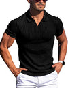 Gnvviwl Men's Muscle V Neck Polo Shirts Slim Fit Short Sleeve Cotton Golf T-Shirts Ribbed Knit Soft Tees Black