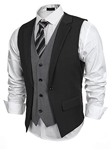 Coofandy Mens Formal Fashion Layered Vest Waistcoat Dress Vest, Black, Medium