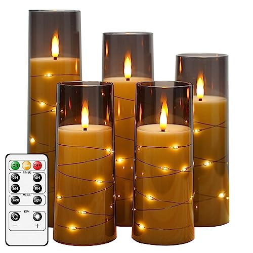 kakoya Flameless LED Candles with Timer 5 Pc Flickering Flameless Candles for Romantic Ambiance and Home Decoration Durable Acrylic Shell,with Embedded Star String，Battery Operated Candles（Grey）