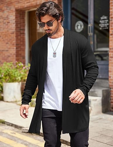 COOFANDY Mens Ruffle Shawl Collar Open Front Lightweight Long Length Drape Cape Overcoat Sweater with Pockets, Black, Medium