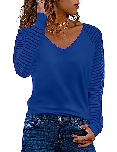 WEESO Long Sleeve Shirts for Women Winter V Neck Blouses Fashion 2023, Royal Blue S