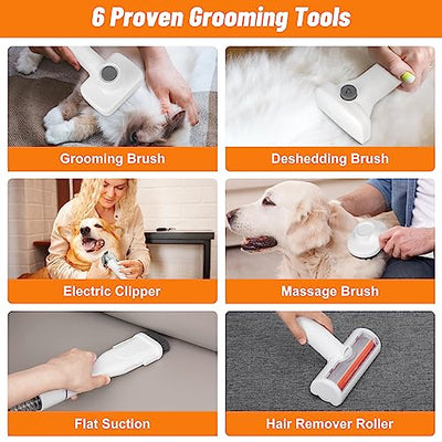 Dog Grooming Kit & Vacuum Suction 99% Pet Hair, 1.5L Dust Cup Dog Hair Vacuum, Dog grooming clippers with 6 Pet Grooming Tools, Brush for Shedding Dogs Cats and Other Animals (A-White)