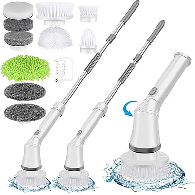 Electric Spin Scrubber, YIRUIKEJI Cordless Shower Scrubber Electric Cleaning Brush with 10 Replaceable Brush Heads & Dual Speeds & Extension Handle, Power Scrubber for Bathroom, Tile, Toilet, Floor