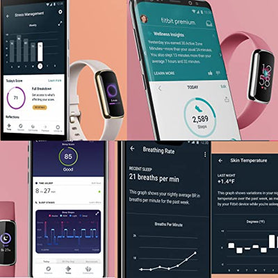 Fitbit Luxe Wellness & Fitness Tracker (Lunar White) with Heart Rate Monitor, Sleep Tracker, Bundle with 2 Watch Bands, 3.3foot Charge Cable, Wall Adapter, Screen Shield & PremGear for Fitbit