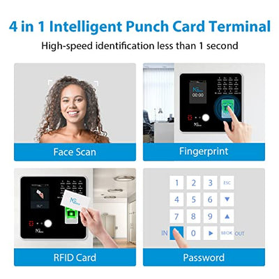 NGTeco Time Clocks for Employees Small Business with Face, Finger Scan, RFID and PIN Punching in One, Office Time Card Machine Automatic Punch with APP for iOS Android (0 Monthly Fee)
