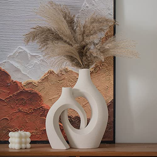 Levvohd XL Beige Ceramic Vase Set of 2 for Modern Home Decor, Eclectic Entryway Modern Boho Hollow Flower Vases for Living Room Bookshelf Dining Coffee Table Centerpiece (W 6.8" X H 11")