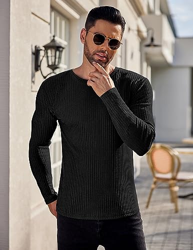 Ekouaer Men's Ribbed Underwear Shirts Long Sleeves Slim Sweater Crewneck Pullover Loungewear Comfory Basic Blouse Black XL