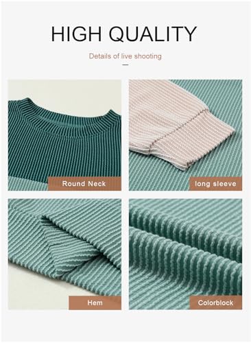 Dokotoo Womens Pullover Shirts Ladies Crewneck Long Sleeve Colorblock Tunics Blouses Autumn Winter Casual Loose Jumper Tops Fall Fashion Knitted Tops Blue Green Medium