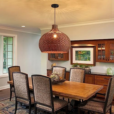 LHJIHFU Rattan Light Fixture Pendant Light, Modern Hand Woven Coffee Rattan Ceiling Hanging Pendant Light for Kitchen Island Dining Room Living Room Farmhouse Home Decor D19.7 x H17.34 inches