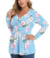 TIANZHU Plus Size Tops for Women Wrap V Neck Babydoll Shirt Long Sleeve Tunic Top Dressy Loose Blouse Fashion 2022 3X F Light Blue