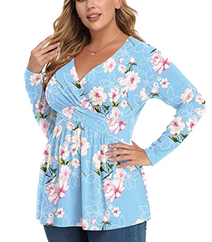 TIANZHU Plus Size Tops for Women Wrap V Neck Babydoll Shirt Long Sleeve Tunic Top Dressy Loose Blouse Fashion 2022 3X F Light Blue