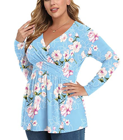 TIANZHU Plus Size Tops for Women Wrap V Neck Babydoll Shirt Long Sleeve Tunic Top Dressy Loose Blouse Fashion 2022 3X F Light Blue