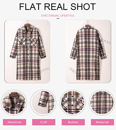 SHEWIN Womens Casual Lapel Button Down Long Plaid Shirts Coat Lightweight Tartan Shacket Jacket 2023 Fall Fashion Flannel Shirt for Women,US 18-20(2XL),Pink