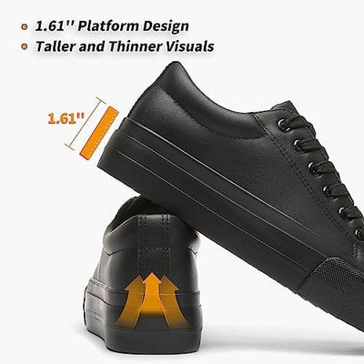 Womens Synthetic Leather Platform Sneakers,White Platform Shoes,Lace-up Tennis Shoes for Women,Comfortable Casual Shoes(Full Black.US11)