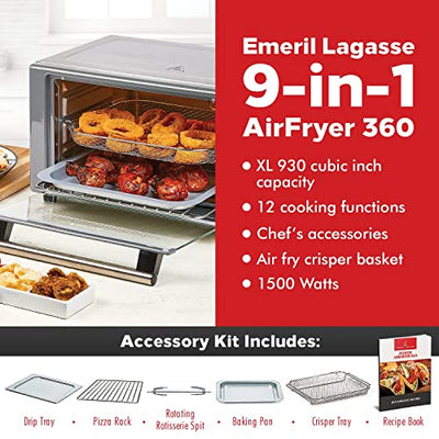 Emeril Lagasse Everyday 360 Air Fryer, 360° Quick Cook Technology, XL capacity,12 Pre-Set Cooking Functions including Bake, Rotisserie. Broil, Pizza, Slow Cook, Toaster and Much More, Stainless Steel