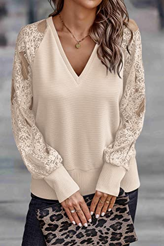 Trendy Queen Womens Long Sleeve Shirts V Neck Fall Fashion 2023 Blouses Dressy Puff Lace Casual Bobo Crochet Hollow Out Loose Outfits Work Tunic Tops Khaki