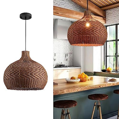LHJIHFU Rattan Light Fixture Pendant Light, Modern Hand Woven Coffee Rattan Ceiling Hanging Pendant Light for Kitchen Island Dining Room Living Room Farmhouse Home Decor D19.7 x H17.34 inches