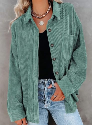 ZOLUCKY Women Corduroy Jacket Button Down Shacket Casual Boyfriend Shirt Long Sleeve Blouses Tops, Green Large