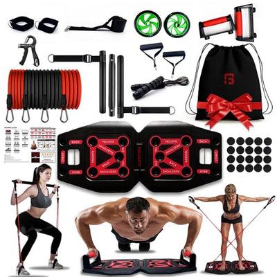 SquadFit Pushup Board Home Gym Workout Equipment 20 Fitness Equipment || 9-in-1 Push Up Board for Men and Women with Pilates Bar Resistance Bands Jump Rope and Ab Roller Wheel Workout Equipment