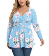 TIANZHU Plus Size Tops for Women Wrap V Neck Babydoll Shirt Long Sleeve Tunic Top Dressy Loose Blouse Fashion 2022 3X F Light Blue