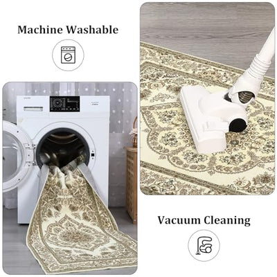 Washable Boho Floral Medallion Area Rug, 9x12 Non-Slip Soft Low-Pile Printed Carpet for Indoor Home Decor in Entryway, Bedroom, Living Room, Office, Kitchen, Yellow