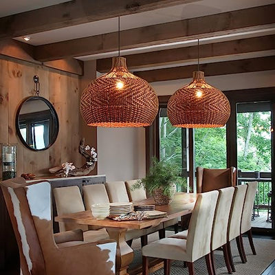 LHJIHFU Rattan Light Fixture Pendant Light, Modern Hand Woven Coffee Rattan Ceiling Hanging Pendant Light for Kitchen Island Dining Room Living Room Farmhouse Home Decor D19.7 x H17.34 inches