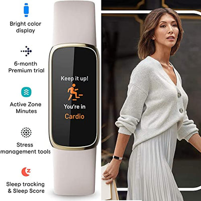 Fitbit Luxe Wellness & Fitness Tracker (Lunar White) with Heart Rate Monitor, Sleep Tracker, Bundle with 2 Watch Bands, 3.3foot Charge Cable, Wall Adapter, Screen Shield & PremGear for Fitbit