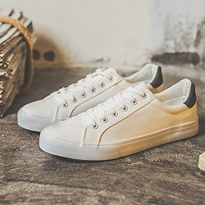 FRACORA Mens Canvas Shoes White Black Sneakers Low Top Lace Up Casual Shoes(White, US9.5)
