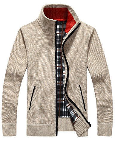 Yeokou Men's Slim Fit Zip Up Casual Knitted Cardigan Sweaters With Pockets (Large, Khaki)