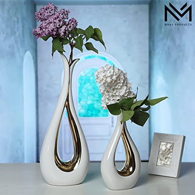 MNAS Products - White Ceramic Decorative Vases, Set of 2, Nordic, Modern, Minimalist Design, for Home Decor, Bedroom, Weddings, Restaurants, Office and More
