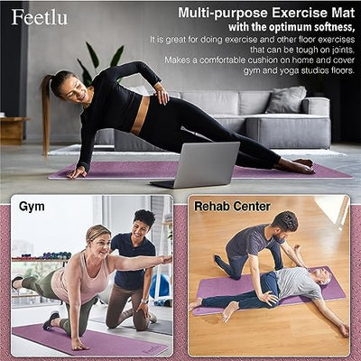 Feetlu Yoga Mat with Strap, 2/5 Inch (10MM) - Extra Thick Non Slip Workout Mat Double-Sided, Eco POE Yoga Mats for Women, Men, Yoga, Pilates,and Floor Exercises(DK. PL/BGY)