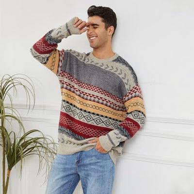 Men's Autumn Winter Vintage Striped Sweater Pullover Sweaters Oversized Long Sleeve Casual Jumper Knit Pullovers Tops(Red-M)