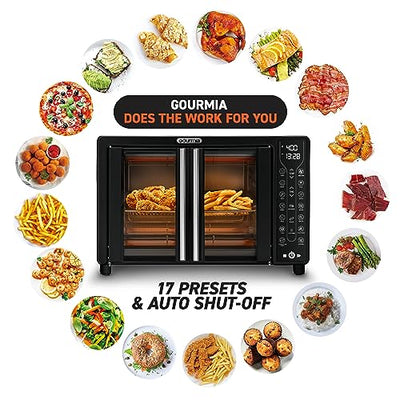Gourmia Toaster Oven Air Fryer Combo 17 cooking presets 1700W french door digital air fryer oven 24L capacity accessories, convection rack, baking pan tray recipe book GTF7460,Large,Black