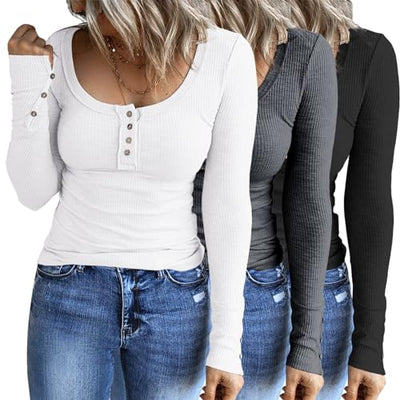 SUNBS Womens 3 Packs Long Sleeve Shirts Casual Henley Tops Top Button Down Blouses Basic Ribbed Knit T-Shirts Fall Fashion Outfits Clothes 2023