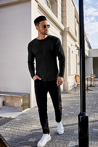 Ekouaer Men's Ribbed Underwear Shirts Long Sleeves Slim Sweater Crewneck Pullover Loungewear Comfory Basic Blouse Black XL
