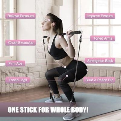 WeluvFit Pilates Bar Kit with Resistance Bands, Exercise Fitness Equipment for Women & Men, Home Gym Workouts Stainless Steel Stick Squat Yoga Pilates Flexbands Kit for Full Body Shaping