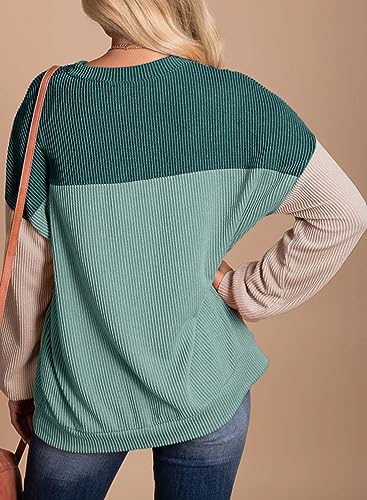 Dokotoo Womens Pullover Shirts Ladies Crewneck Long Sleeve Colorblock Tunics Blouses Autumn Winter Casual Loose Jumper Tops Fall Fashion Knitted Tops Blue Green Medium