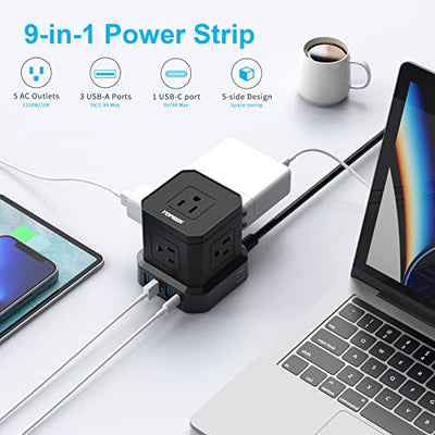 Power Strip with USB-C (3.0A), TOPREK Surge Protector, 10 FT Extension Cord 5 AC & 4 USB, Portable Travel Flat Plug for Office, Dorm, Hotel, Compact Desk Charging Station
