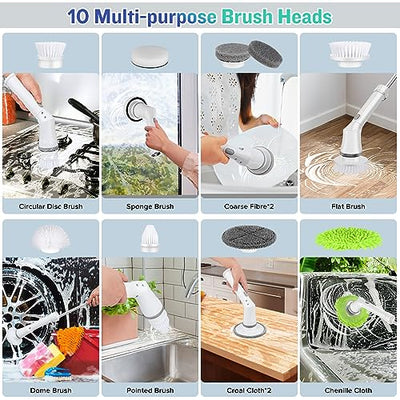 Electric Spin Scrubber, YIRUIKEJI Cordless Shower Scrubber Electric Cleaning Brush with 10 Replaceable Brush Heads & Dual Speeds & Extension Handle, Power Scrubber for Bathroom, Tile, Toilet, Floor