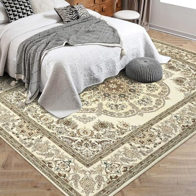 Washable Boho Floral Medallion Area Rug, 9x12 Non-Slip Soft Low-Pile Printed Carpet for Indoor Home Decor in Entryway, Bedroom, Living Room, Office, Kitchen, Yellow