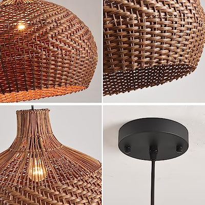 LHJIHFU Rattan Light Fixture Pendant Light, Modern Hand Woven Coffee Rattan Ceiling Hanging Pendant Light for Kitchen Island Dining Room Living Room Farmhouse Home Decor D19.7 x H17.34 inches