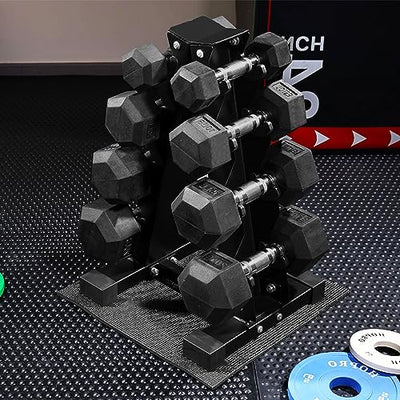 Signature Fitness 100LB Rubber Coated Hex Dumbbell Weight Set and Storage Rack, 5-20 lbs Pairs