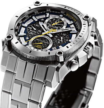 Bulova Men's Precisionist in Stainless Steel with 8-Hand Chronograph Watch, Blue and Yellow Accents, Black Dial Style: 96B175