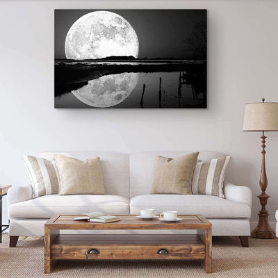 Startonight Canvas Wall Art Black and White Abstract Full Moon on the Water Landscape, Framed Artwork Picture Home Decor for Living Room 32" x 48"
