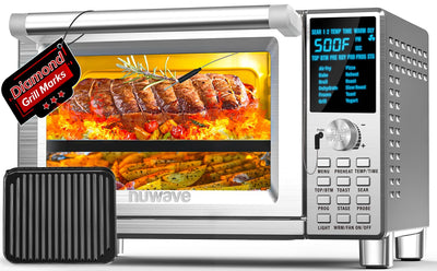 Nuwave Bravo XL Air Fryer Toaster Smart Oven, 12-in-1 Countertop Grill/Griddle Combo, 30-Qt Capacity, 50F-500F adjustable in precise 5F increments. Integrated Thermometer, Linear T Technology