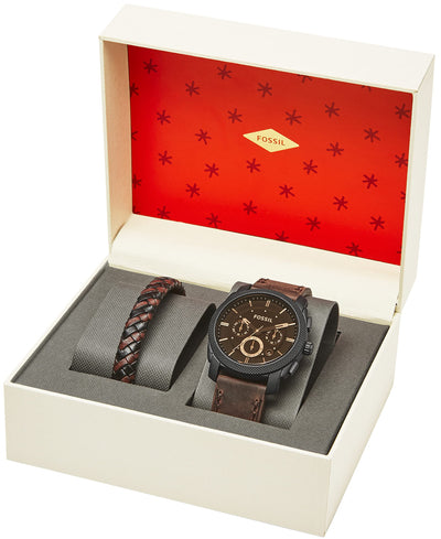 Fossil Men's Machine Quartz Stainless Steel Chronograph Watch and Bracelet Set, Color: Black, Dark Brown (Model: FS5251SET)