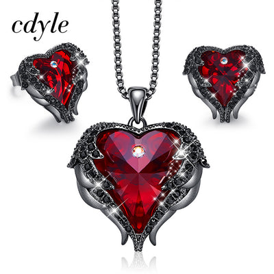 Heart Shaped Necklace Earrings Set Swarovski Crystal, Valentines Day Gift